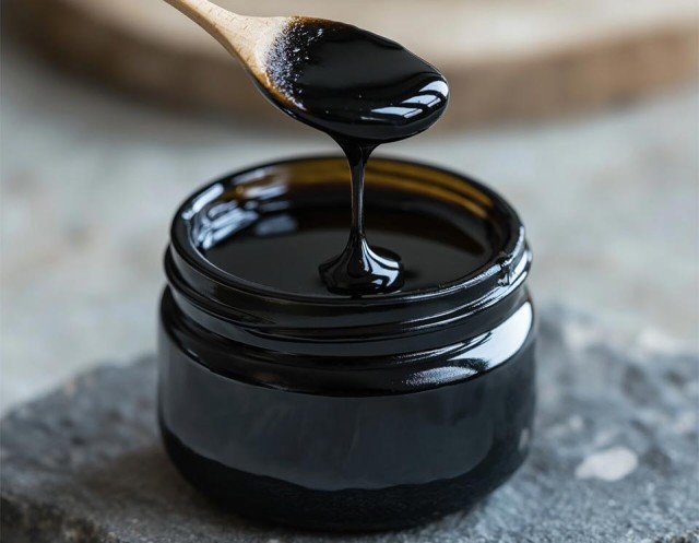 Löffel mit zähflüssigem Shilajit über einem Glas