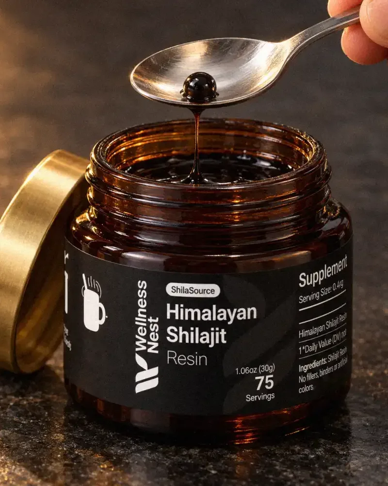 Löffel mit Shilajit-Resin über einem geöffneten Glas
