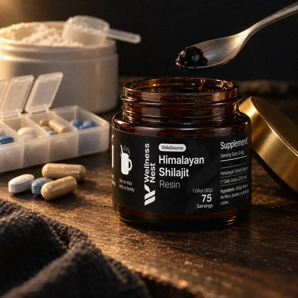 Glas Shilajit-Resin neben Kapseln und Tabletten