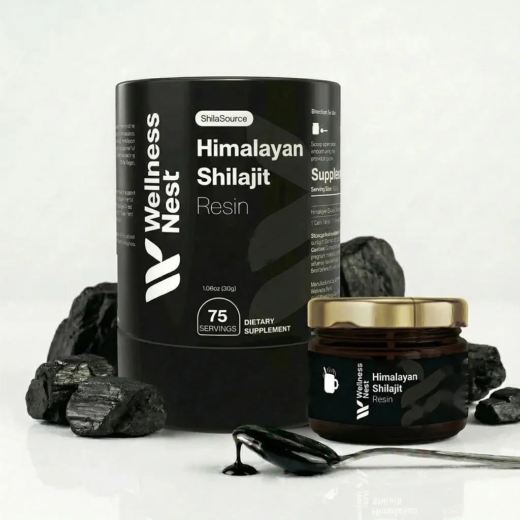 Verpackung und Glas ShilaSource zwischen dunklen Gesteinsbrocken