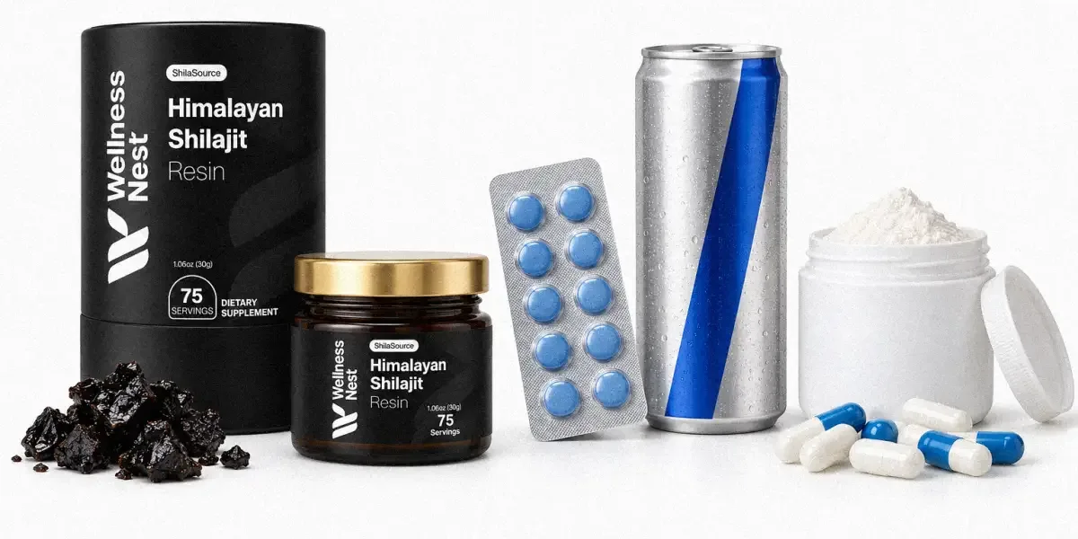 Shilajit-Resin im Vergleich zu Kapseln, Energydrink und Pulver