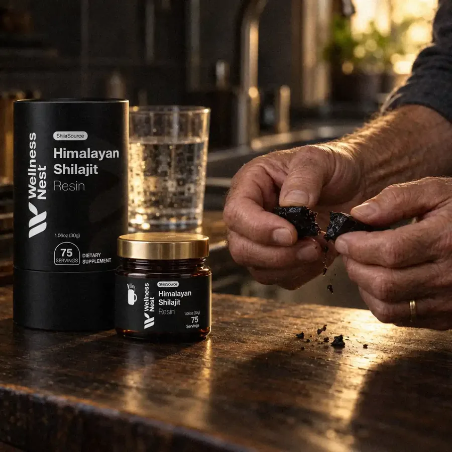 Shilajit-Resin wird zwischen den Fingern geknetet, daneben ein Glas Wasser